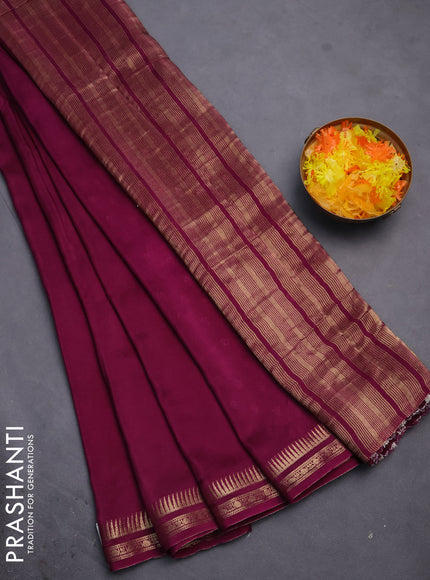 Semi mysore silk saree wine shade with plain body and temple design zari woven border