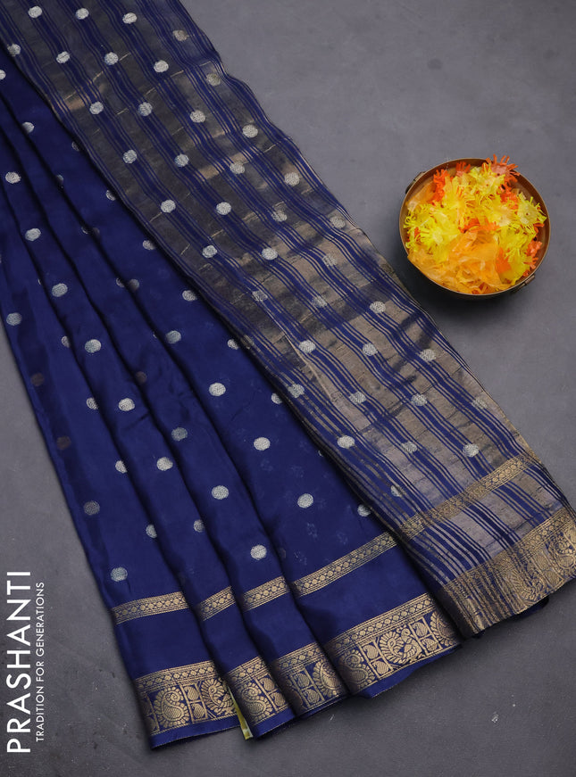Semi mysore silk saree blue with zari woven buttas and rettapet zari woven border