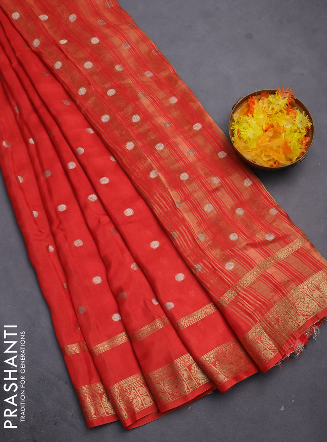 Semi mysore silk saree orange with zari woven buttas and rettapet zari woven border