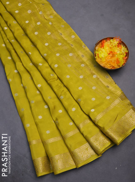 Semi mysore silk saree lime yellow with silver zari woven buttas and rettapet zari woven border