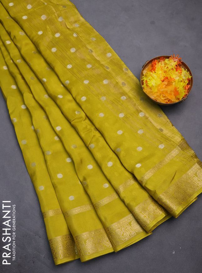 Semi mysore silk saree lime yellow with silver zari woven buttas and rettapet zari woven border
