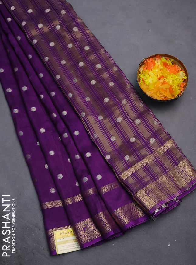 Semi mysore silk saree violet with zari woven buttas and rettapet zari woven border