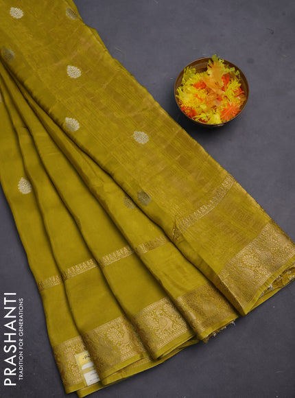 Semi mysore silk saree lime yellow with zari woven buttas and long rettapet zari woven border