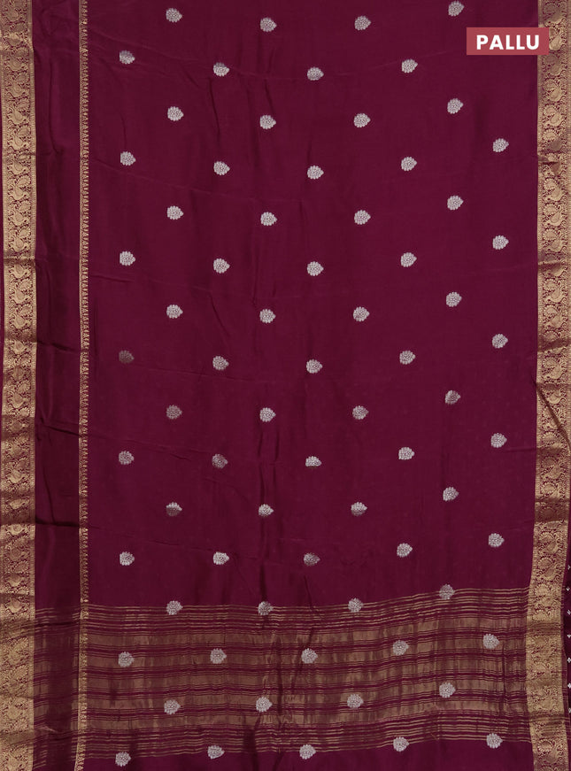 Semi mysore silk saree wine shade with zari woven buttas and long rettapet zari woven border