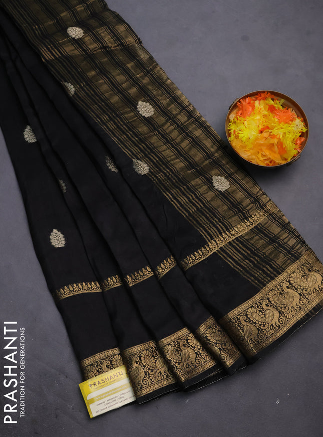 Semi mysore silk saree black with zari woven buttas and long rettapet zari woven border