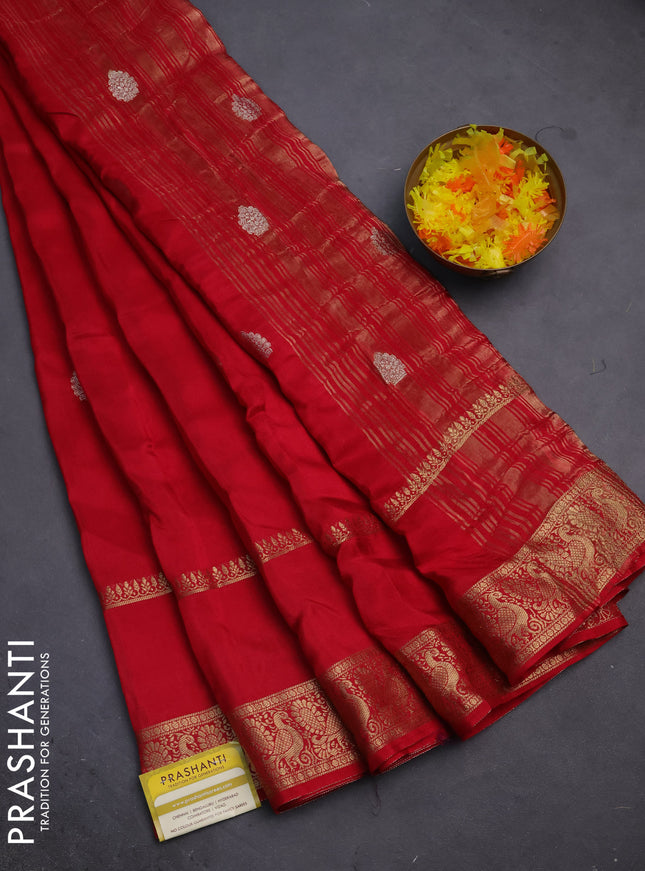 Semi mysore silk saree red with zari woven buttas and long rettapet zari woven border