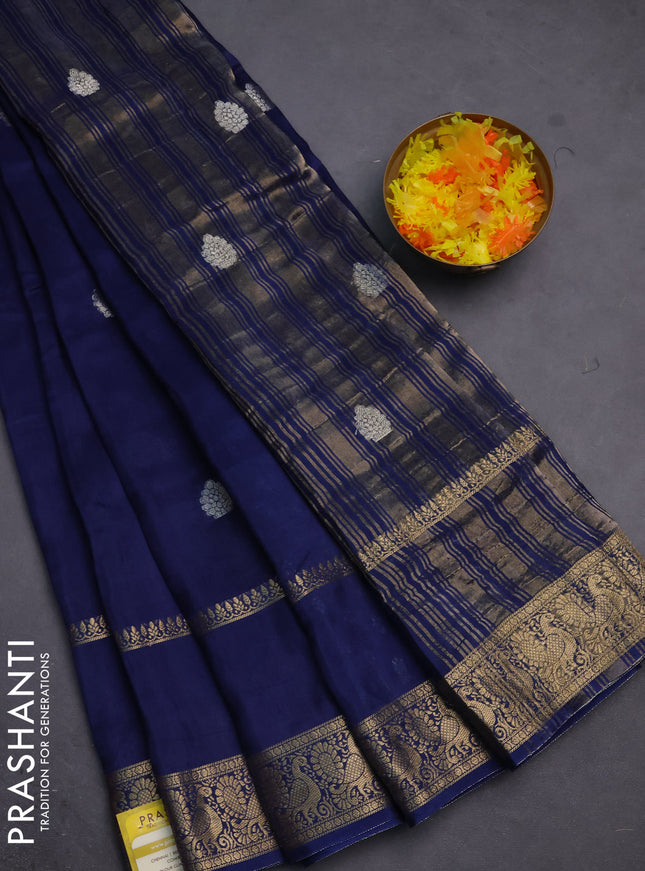 Semi mysore silk saree dark blue with zari woven buttas and long rettapet zari woven border