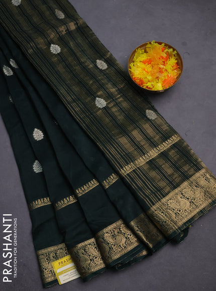 Semi mysore silk saree bottle green with zari woven buttas and long rettapet zari woven border