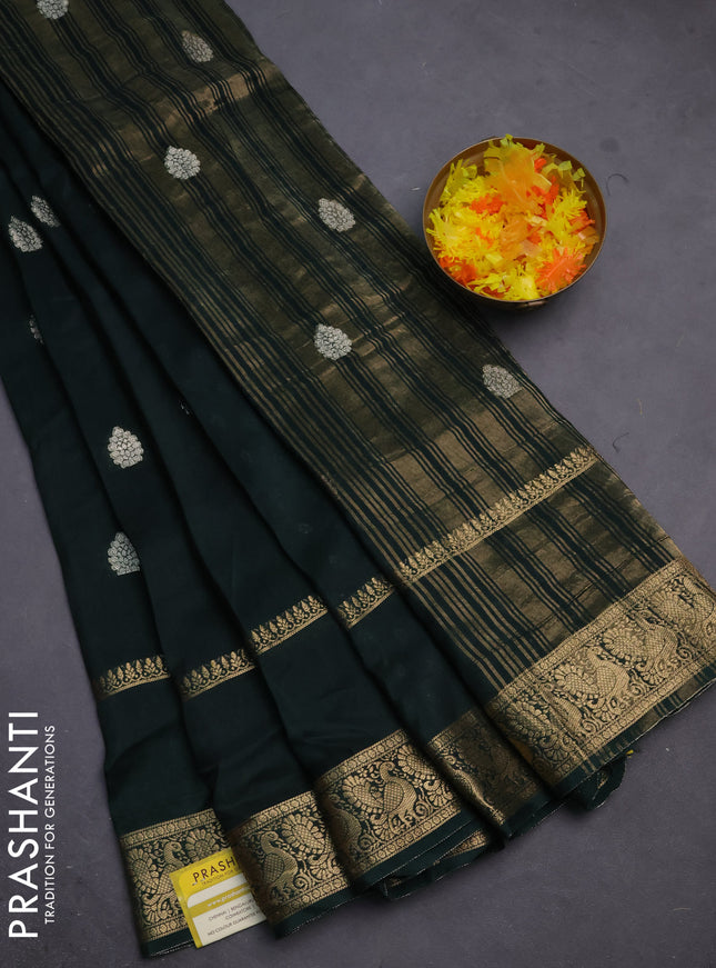Semi mysore silk saree bottle green with zari woven buttas and long rettapet zari woven border