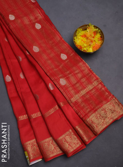 Semi mysore silk saree orange with zari woven buttas and long rettapet zari woven border