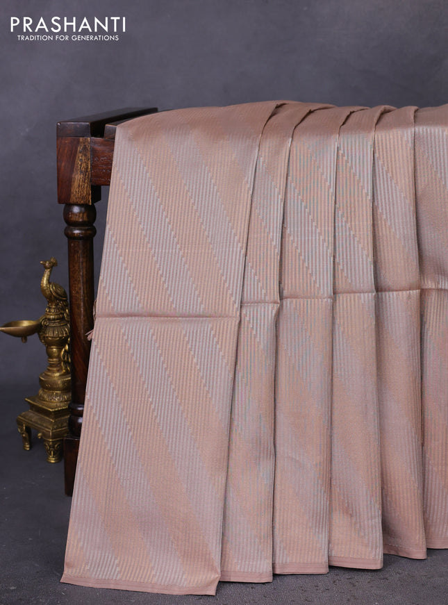 Kanchipuram soft silk saree brown shade with silver & gold zari woven brocade weaves in borderless style