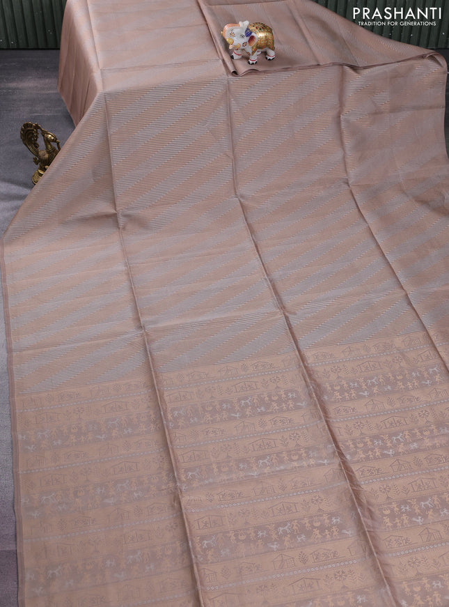 Kanchipuram soft silk saree brown shade with silver & gold zari woven brocade weaves in borderless style