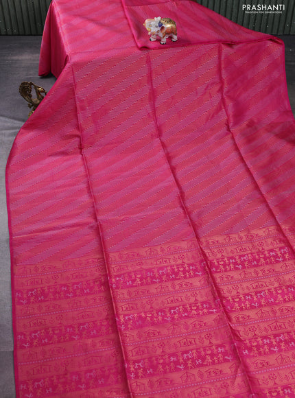Kanchipuram soft silk saree pink with silver & gold zari woven brocade weaves in borderless style