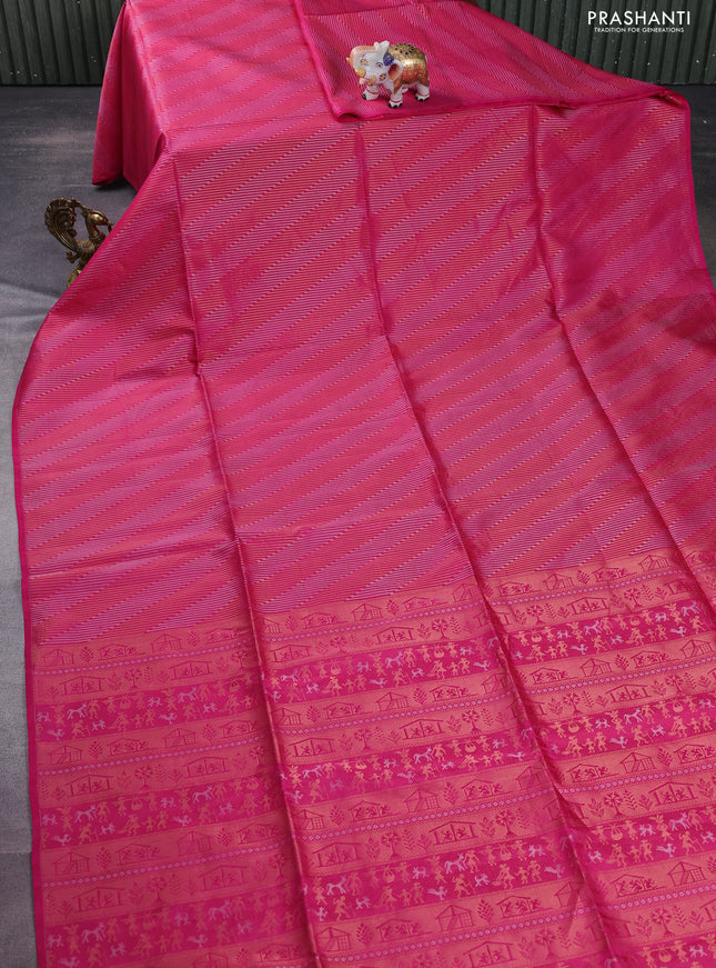 Kanchipuram soft silk saree pink with silver & gold zari woven brocade weaves in borderless style