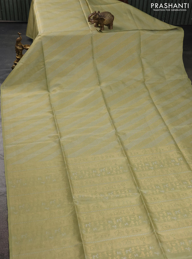 Kanchipuram soft silk saree pista green with silver & gold zari woven brocade weaves in borderless style