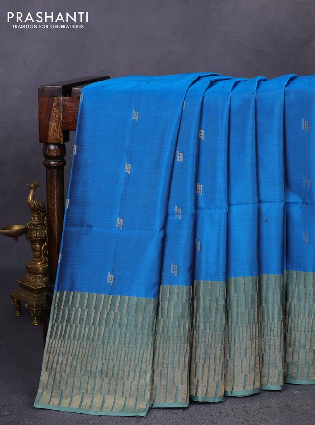 Kanchipuram soft silk saree cs blue and pastel green with zari woven buttas and temple design zari woven border