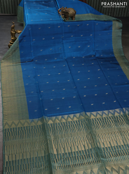 Kanchipuram soft silk saree cs blue and pastel green with zari woven buttas and temple design zari woven border