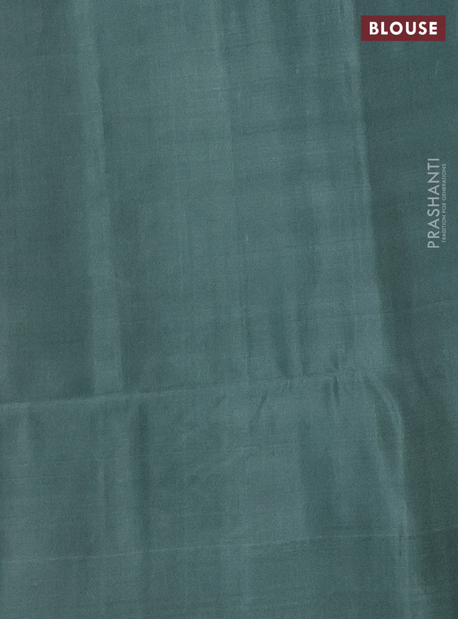 Kanchipuram soft silk saree cs blue and pastel green with zari woven buttas and temple design zari woven border