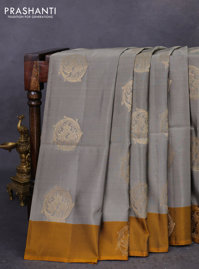Kanchipuram soft silk saree grey and mustard yellow with zari woven buttas and zari woven butta border