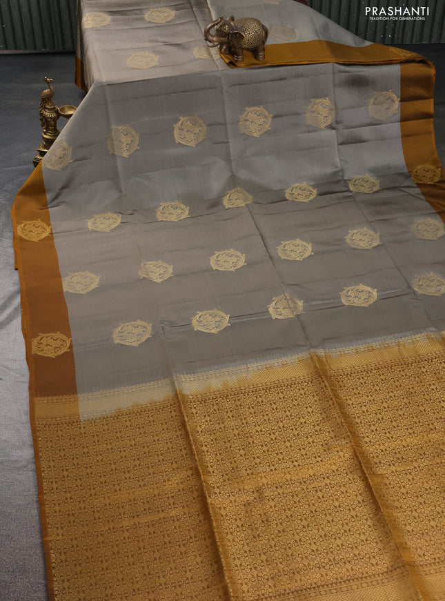 Kanchipuram soft silk saree grey and mustard yellow with zari woven buttas and zari woven butta border