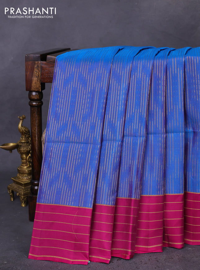 Kanchipuram soft silk saree cs blue and magenta pink with allover zari weaves in borderless style