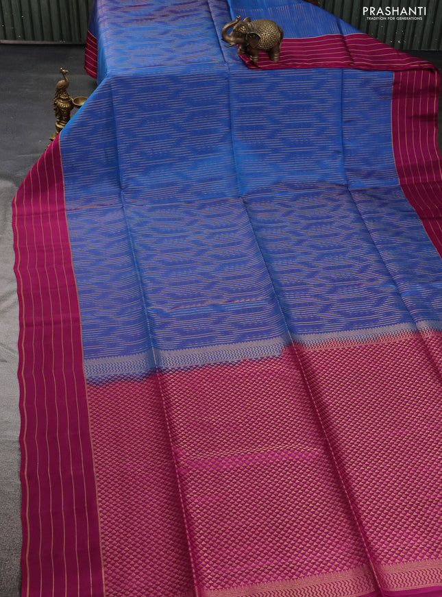 Kanchipuram soft silk saree cs blue and magenta pink with allover zari weaves in borderless style