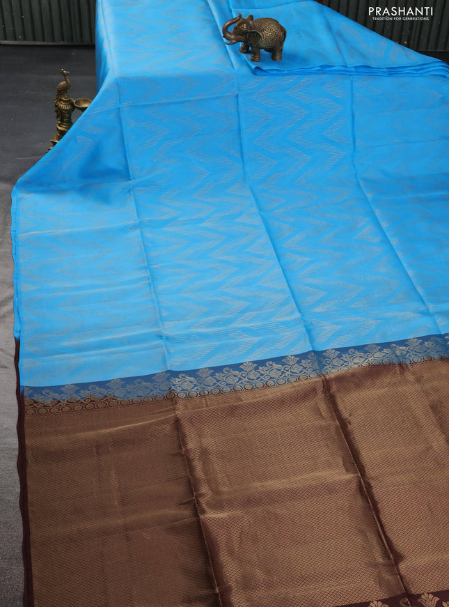 Kanchipuram soft silk saree light blue and deep maroon with allover zig zag zari weaves in borderless style