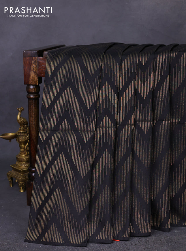 Kanchipuram soft silk saree black and dual shade of pinkish orange with allover zig zag zari weaves in borderless style