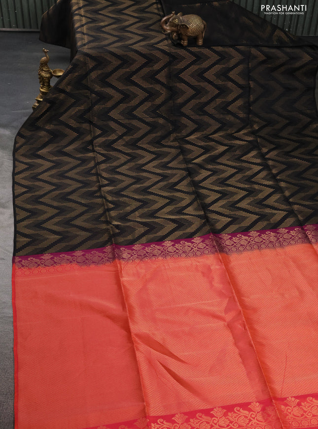 Kanchipuram soft silk saree black and dual shade of pinkish orange with allover zig zag zari weaves in borderless style