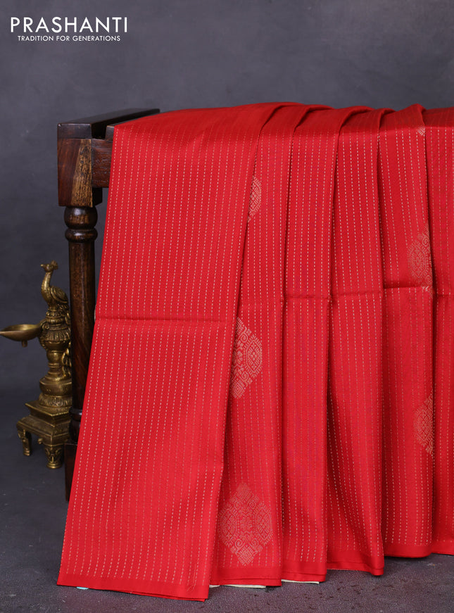 Kanchipuram soft silk saree red and mild pista green with allover zari weaves in borderless style