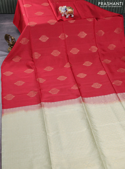 Kanchipuram soft silk saree red and mild pista green with allover zari weaves in borderless style