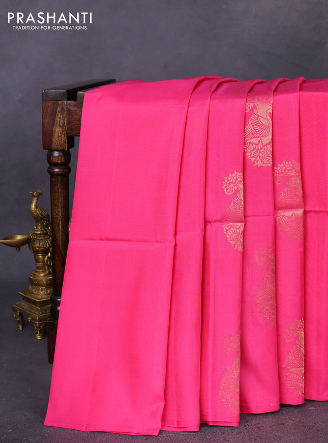 Kanchipuram soft silk saree pink and cs blue with zari woven buttas in borderless style
