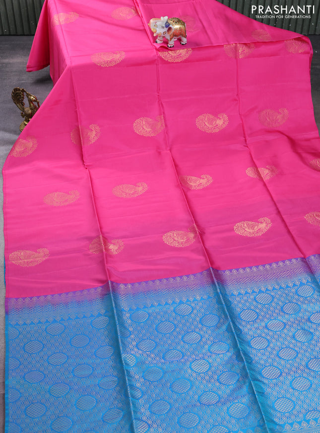 Kanchipuram soft silk saree pink and cs blue with zari woven buttas in borderless style