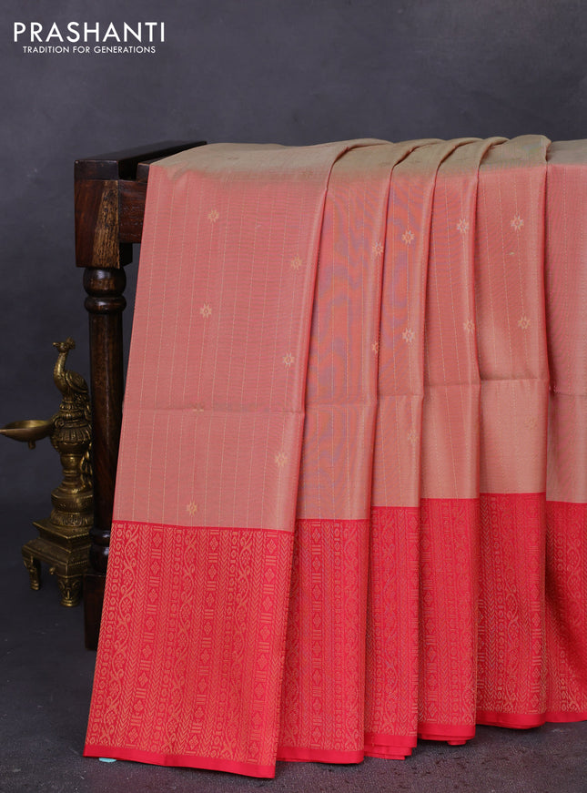 Kanchipuram soft silk saree pastel peach and pink with allover zari weaves and zari woven border