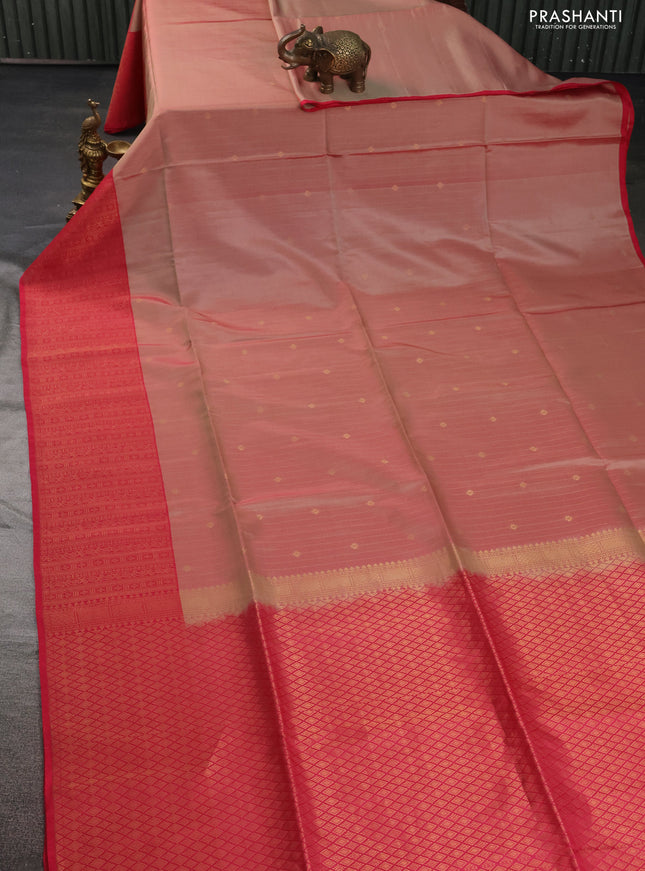 Kanchipuram soft silk saree pastel peach and pink with allover zari weaves and zari woven border
