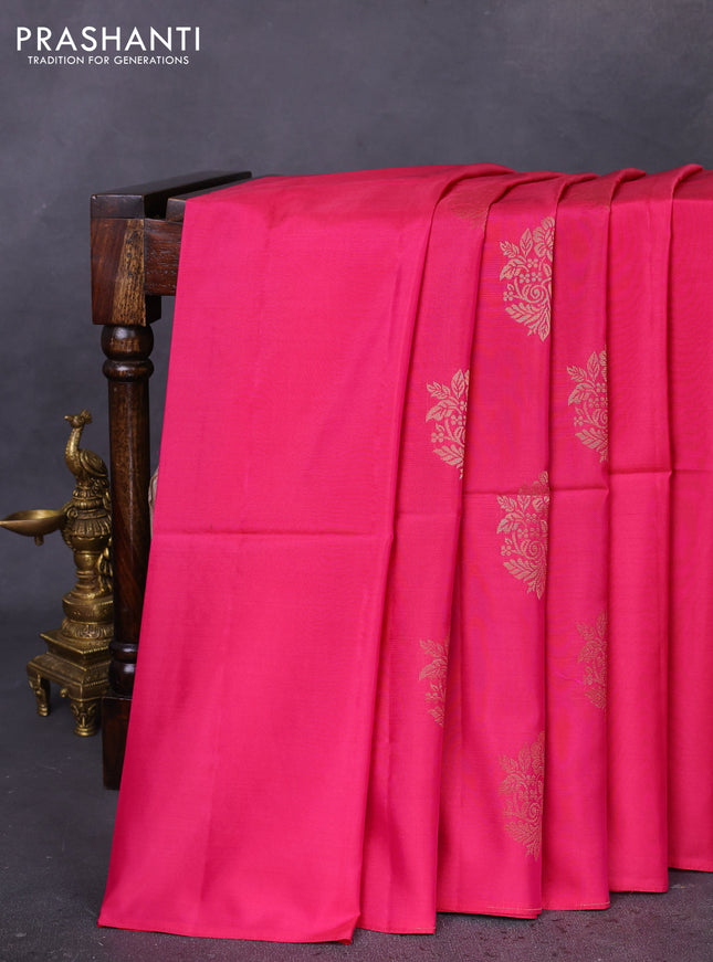 Kanchipuram soft silk saree pink and blue with floral zari woven buttas in borderless style
