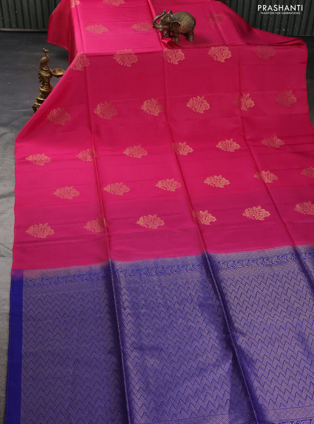 Kanchipuram soft silk saree pink and blue with floral zari woven buttas in borderless style