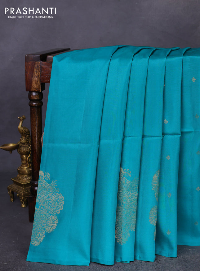 Kanchipuram soft silk saree teal green with zari woven buttas and zari woven butta border