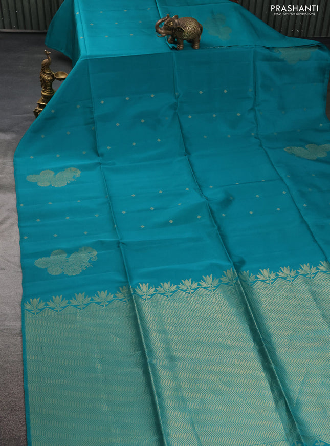 Kanchipuram soft silk saree teal green with zari woven buttas and zari woven butta border