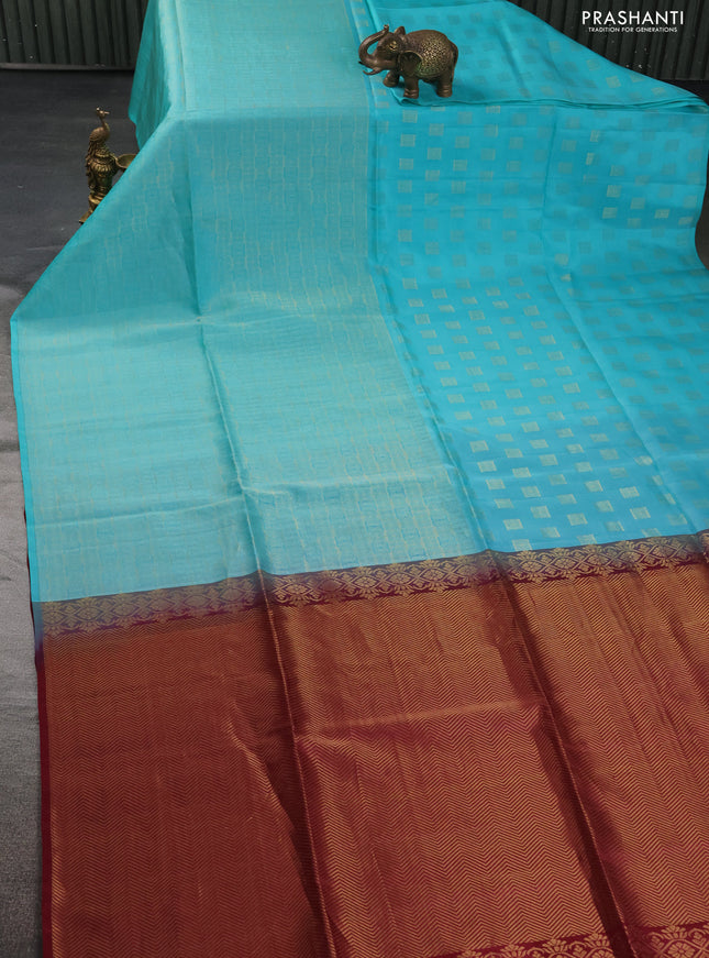 Kanchipuram soft silk saree teal blue and maroon with half & half style and rich zari woven border