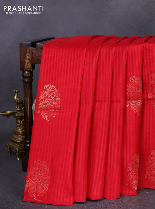 Kanchipuram soft silk saree red and deep maroon with stripes pattern & zari buttas in borderless style