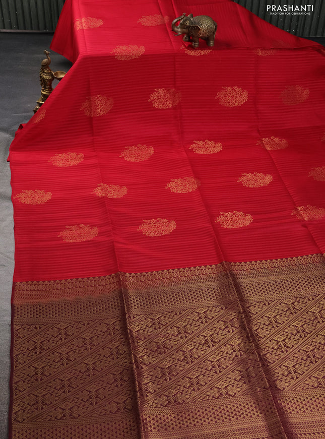 Kanchipuram soft silk saree red and deep maroon with stripes pattern & zari buttas in borderless style