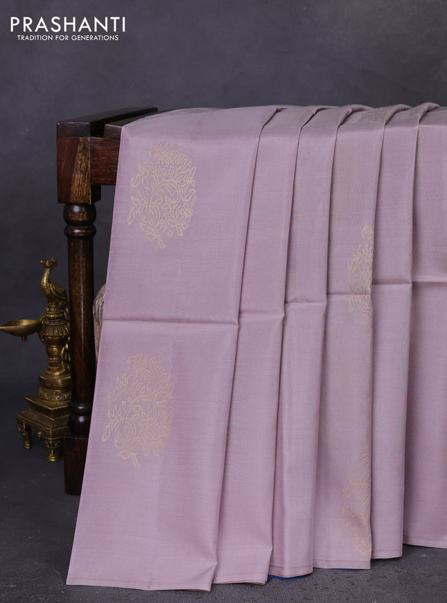 Kanchipuram soft silk saree grey and blue with zari woven buttas in borderless style