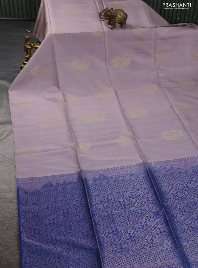 Kanchipuram soft silk saree grey and blue with zari woven buttas in borderless style