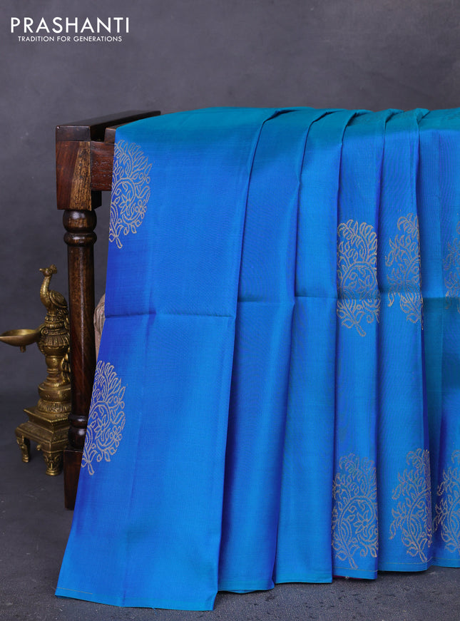 Kanchipuram soft silk saree cs blue and purple with zari woven buttas in borderless style