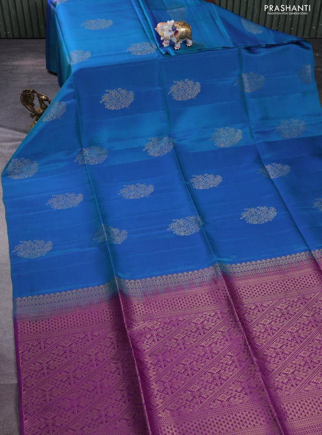 Kanchipuram soft silk saree cs blue and purple with zari woven buttas in borderless style