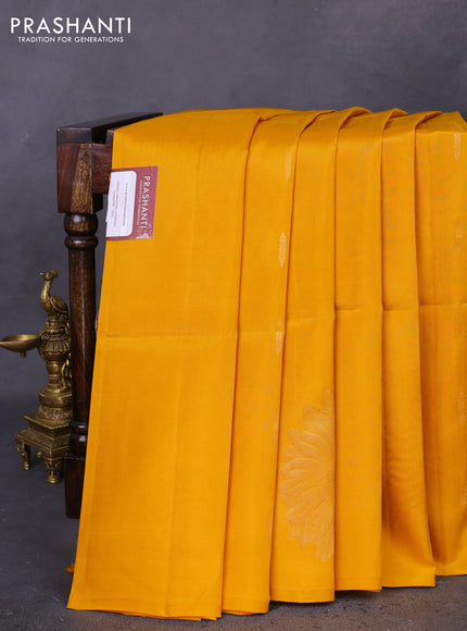 Kanchipuram soft silk saree mango yellow with zari woven buttas and floral zari woven butta border
