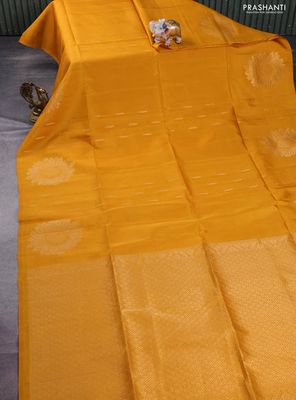 Kanchipuram soft silk saree mango yellow with zari woven buttas and floral zari woven butta border