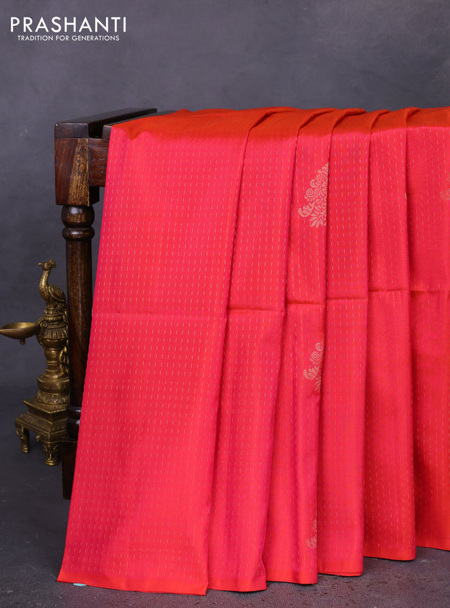 Kanchipuram soft silk saree dual shade of pinkish orange and green with allover zari weaves & buttas in borderless style