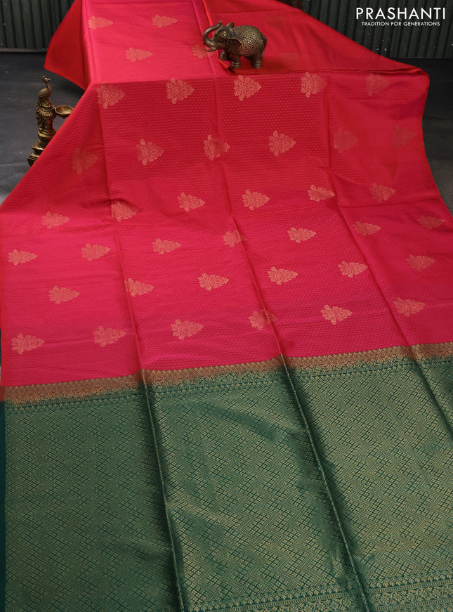 Kanchipuram soft silk saree dual shade of pinkish orange and green with allover zari weaves & buttas in borderless style